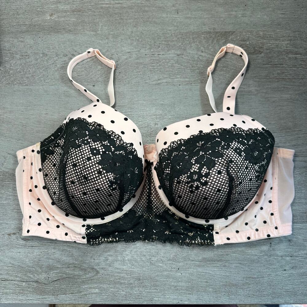 Cacique Underwire Bra Pink Black Polka Dot Black Lace 44DD